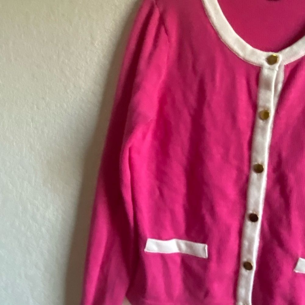 Y2K Knit Preppy Pink White Gold Button Long Sleeve Barbie Sweater Cardigan L - Picture 8 of 14